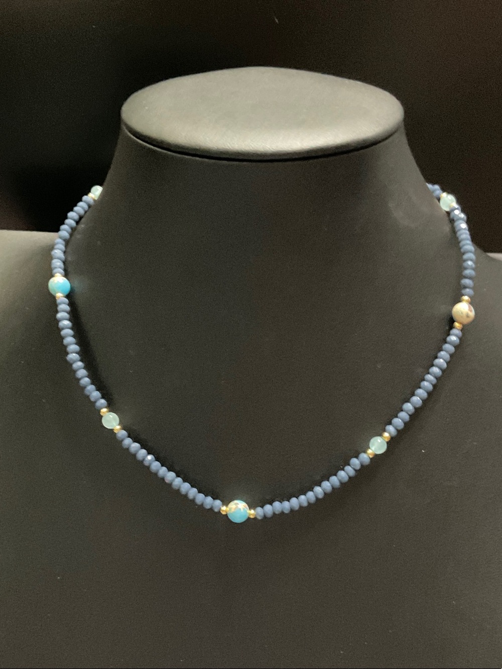 Classic Navy Beaded Necklace with Light Blue Accents